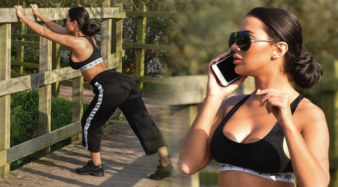 Yazmin Oukhellou – Sexy Boobs in Sports Bra Out in a park in Essex