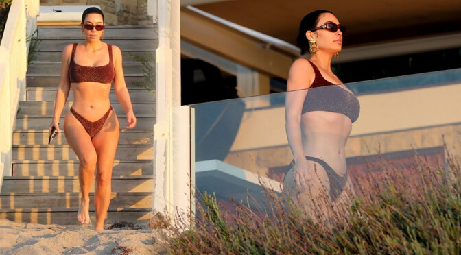 Kim Kardashian – Sexy Curvy Body in a Bikini on the Beach in Malibu