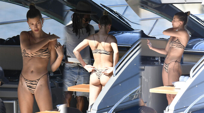 Hailey Baldwin – Perfect Ass in Thong Bikini on a Yacht in Sardinia