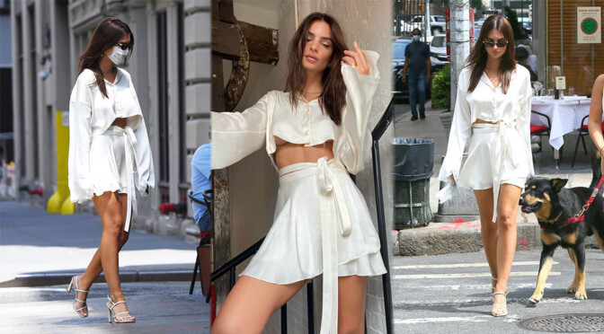 Emily Ratajkowski – Braless and Leggy in a White Mini Skirt Out in New York