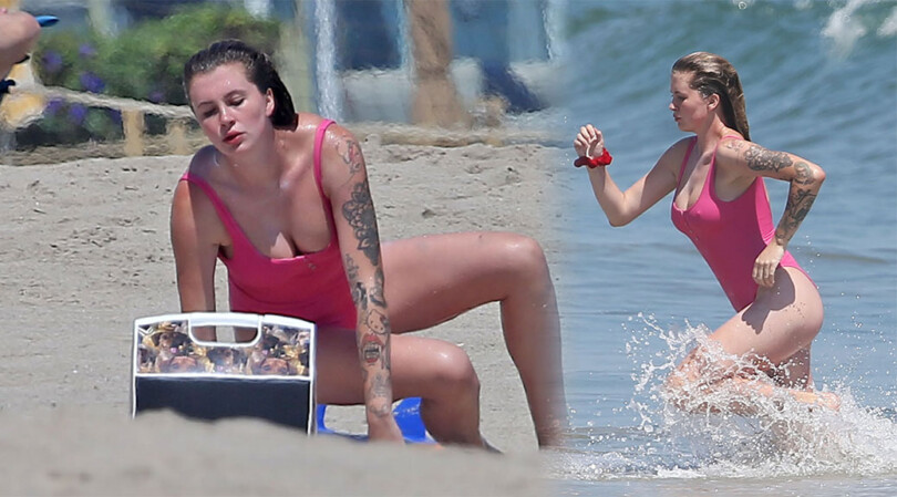 Ireland Baldwin – Big Boobs and Sexy Pokies in Pink Swimsuit at the Beach in Malibu