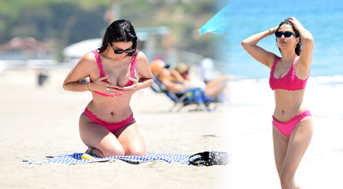 Jessica Gomes – Beautiful Body in Pink Bikini on the Beach in Malibu
