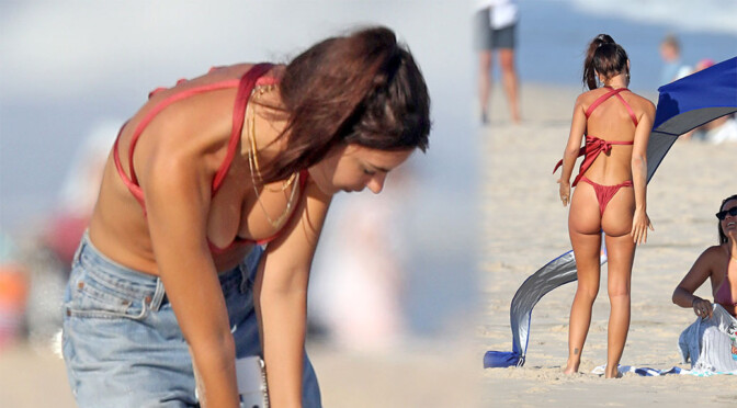 Emily Ratajkowski – Sexy Body in Red Thong Bikini on the Beach in the Hamptons