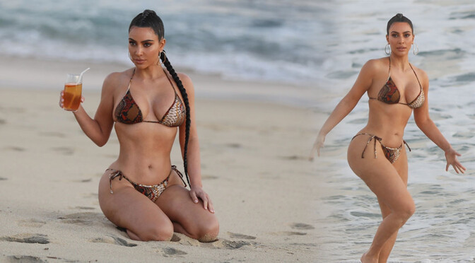 Kim Kardashian – Beautiful Curvy Body in Bikini at the Beach in Malibu