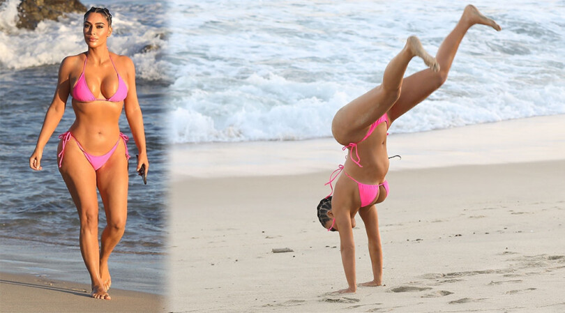 Kim Kardashian – Beautiful Body in a Tiny Pink Bikini at the Beach in Cabo San Lucas