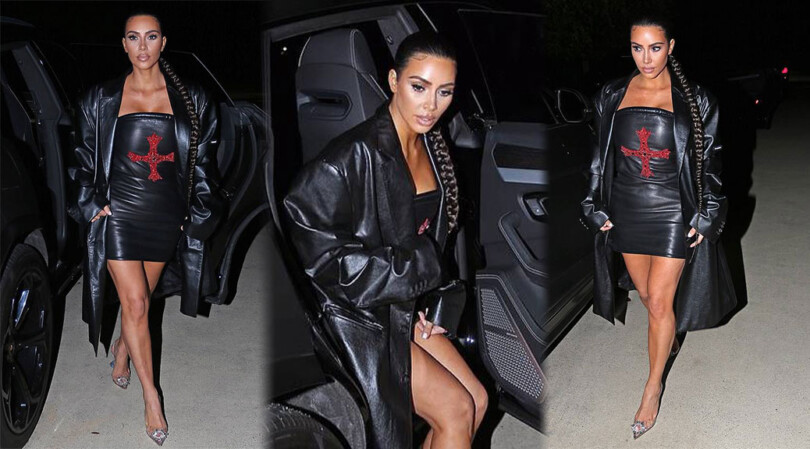 Kim Kardashian – Sexy Legs in Short Leather Dress Out in Malibu