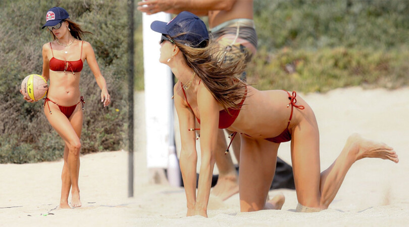 Alessandra Ambrosio – Sexy Body in a Tiny Red Bikini at the Beach in Malibu