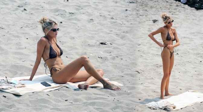 Charlotte McKinney – Fantastic Boobs in Small Black Bikini on the Beach in Malibu