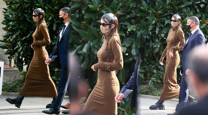 Kendall Jenner – Sexy Braless Boobs in Tight Dress at Versace Fitting in Milan