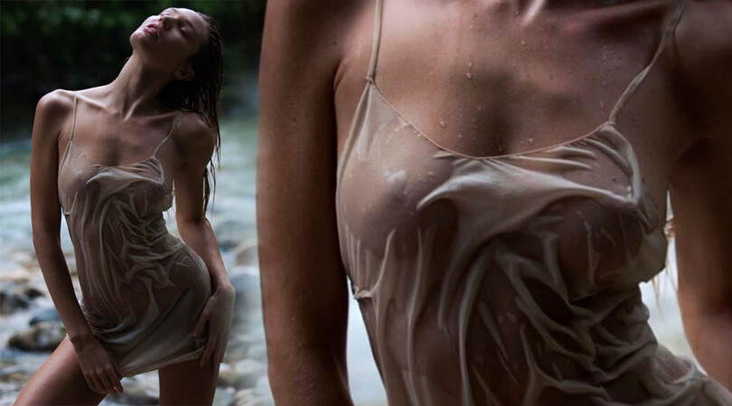 Candice Swanepoel – Sexy Braless Breasts in Sheer Wet Dress