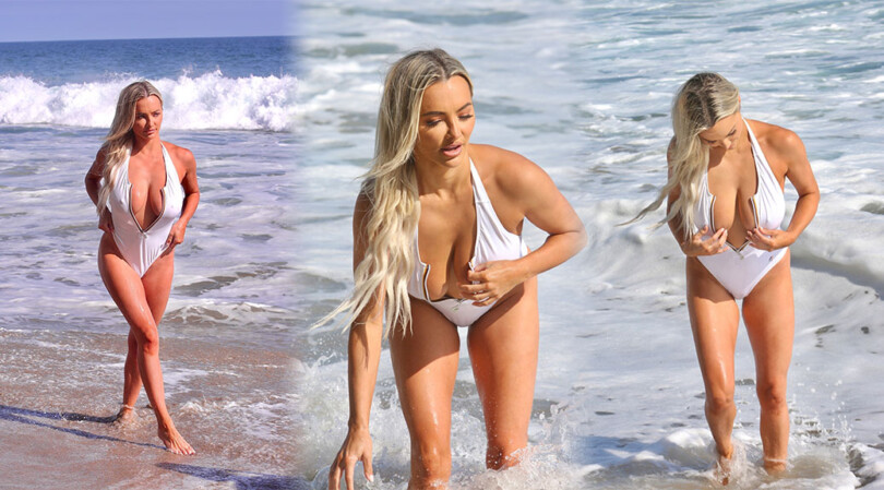 Lindsey Pelas – Beautiful BIg BOobs in Sexy Swimsuit at the Beach in Malibu