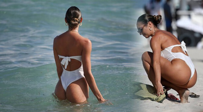Candice Swanepoel – Sexy Body in a White Swimsuit on the Beach in Miami