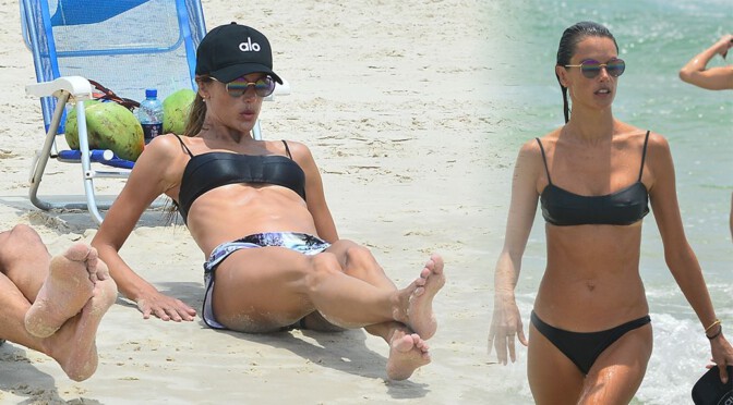 Alessandra Ambrosio – Sexy in Black Bikini on the Beach in Florianopolis