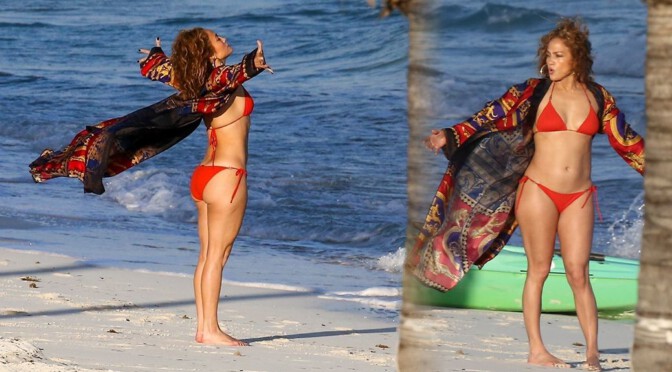 Jennifer Lopez – Big Ass in Small Red Bikini at the Beach in Turk and Caicos