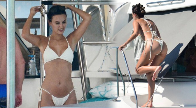 Lucy Watson – Sexy Ass in a White Thong Bikini in Barbados