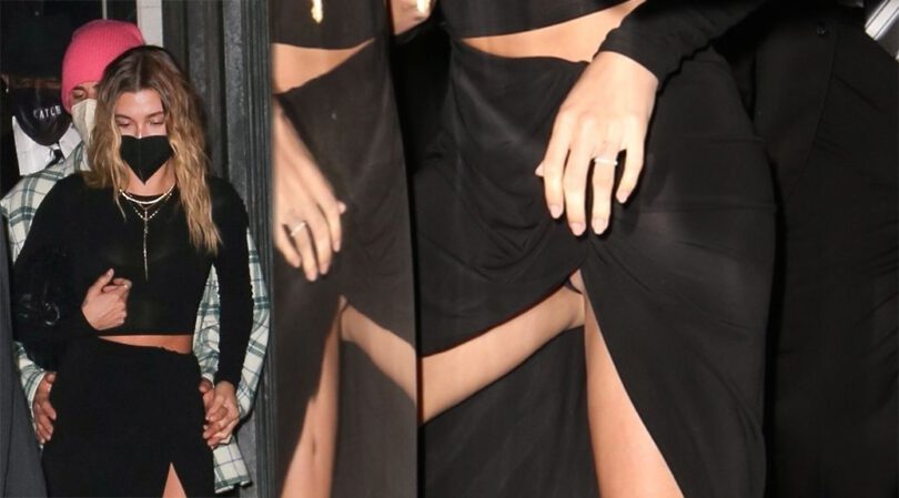 Hailey Bieber – Sexy Legs and Upskirt in Black Dress at Catch in West Hollywood