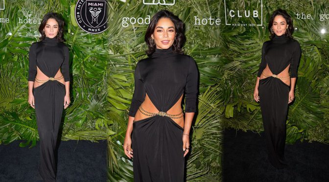 Vanessa Hudgens – Braless in a Sexy Black Dress at Inter Miami CF Season Opening Party at the Goodtime Hotel in Miami