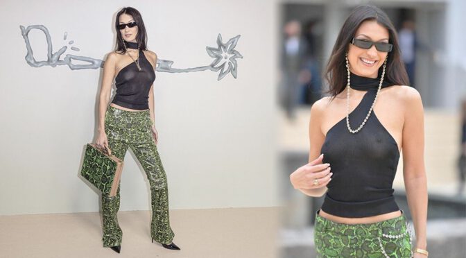 Bella Hadid – Braless Breasts in a Transparent Top at Dior x Travis Scott Fashion Show in Paris