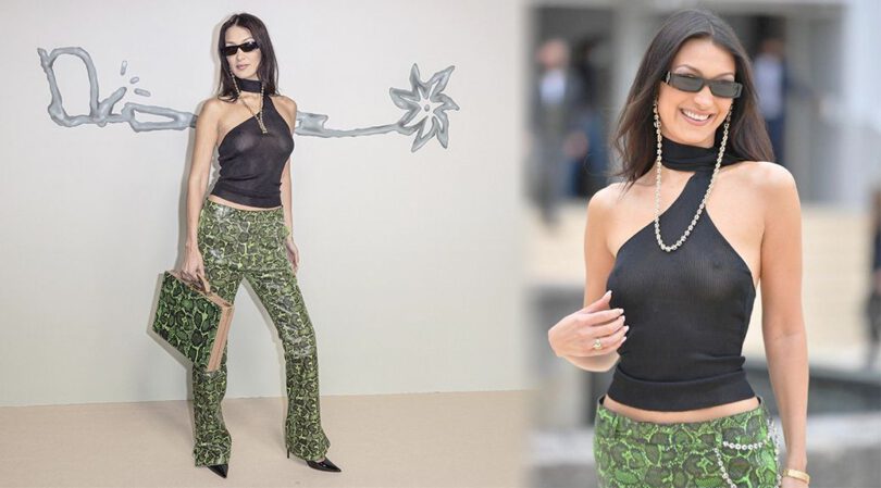 Bella Hadid – Braless Breasts in a Transparent Top at Dior x Travis Scott Fashion Show in Paris