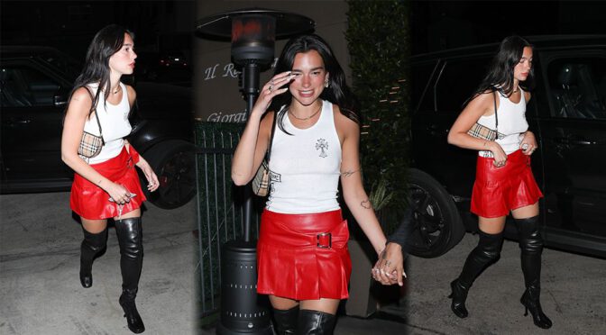 Dua Lipa – Sexy in Boots and Mini Skirt at Giorgio Baldi in Santa Monica
