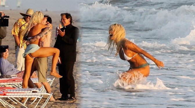 Lily James – Sexy in Bikini on”Pam & Tommy” Movie Set in Cancun