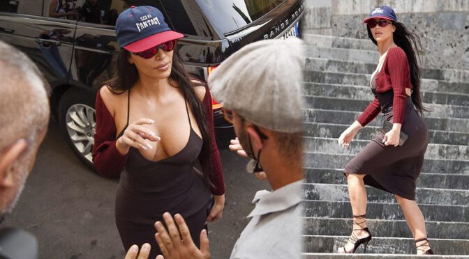 Kim Kardashian – Fantastic Big Braless Breasts Out in Rome
