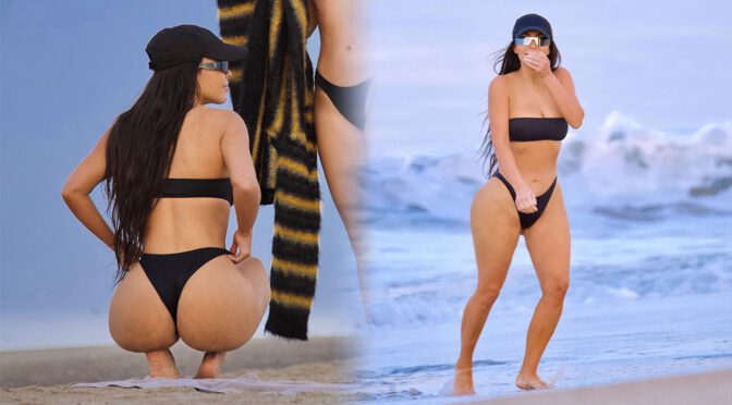 Kim Kardashian – Beautiful Big Ass in a Black Thong Bikini at the Beach in Malibu