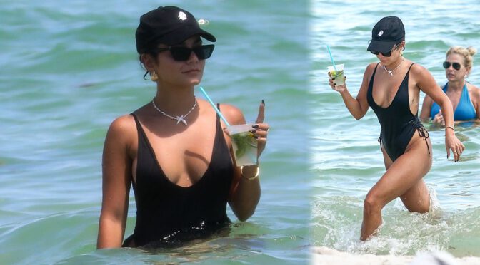 Vanessa Hudgens – Gorgeous Boobs and Ass in a Black Swimsuit on a Beach in Miami