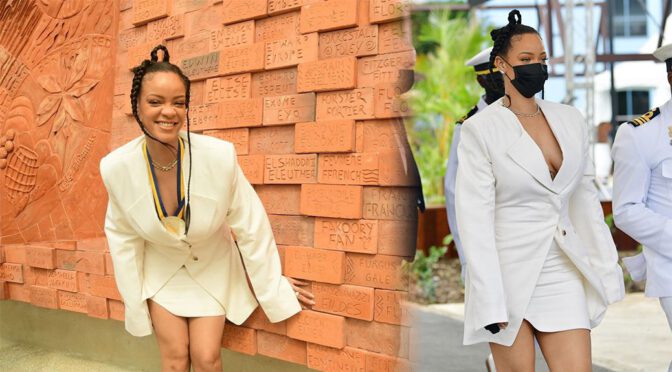 Rihanna – Fantastic Braless Boobs in Big Cleavage at National Hero Insignia Event in Bridgetown