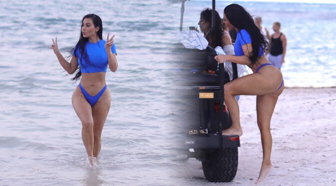 Kim Kardashian – Gorgeous Ass in a Thong Bikini at Skims Beach Photoshoot