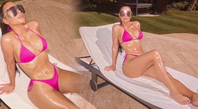 Kim Kardashian  – Stunning Curvy Body in a Tiny Pink Bikini