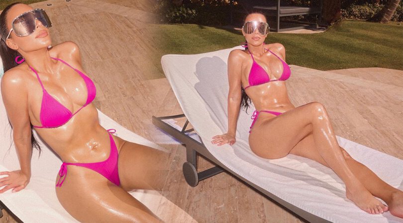 Kim Kardashian – Stunning Curvy Body in a Tiny Pink Bikini
