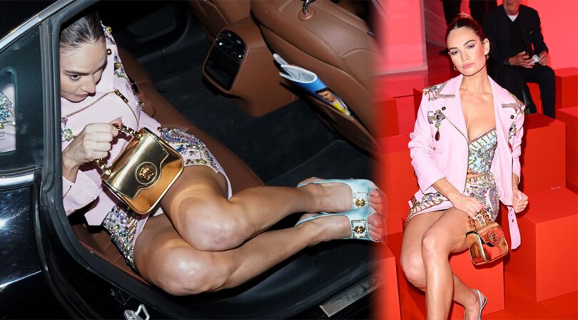 Lily James – Beautiful Boobs and Sexy Upskirt at Versace Fashion Show in Milan