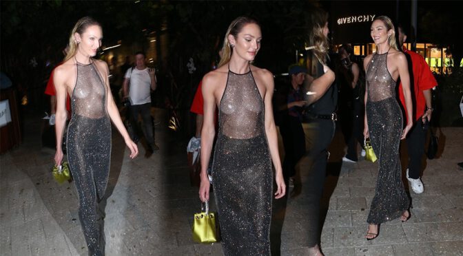 Candice Swanepoel – Braless Boobs in Transparent Top at SKIMS Pop-Up in Miami