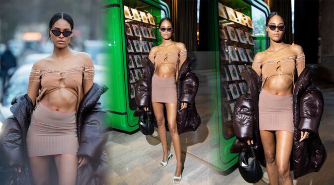 Cindy Bruna – Sexy Braless Pokies at Elie Saab Fashion Show in Paris