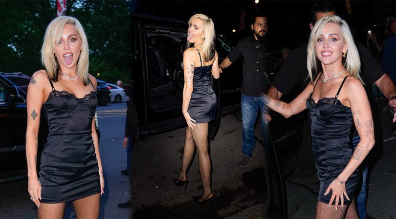 Miley Cyrus – Stunning Legs in Black Stockings at NBC Upfronts Dinner at Marea in New York
