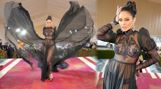 Vanessa Hudgens – Sexy Braless Boobs & Panties in a Sheer Dress at 2022 Met Gala in New York