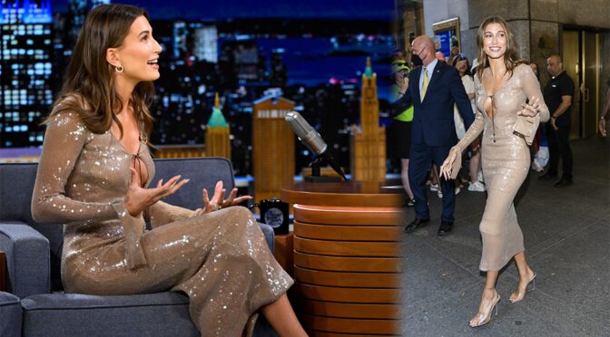 Hailey Baldwin’s Sexy Braless Boobs on The Tonight Show Starring Jimmy Fallon in New York