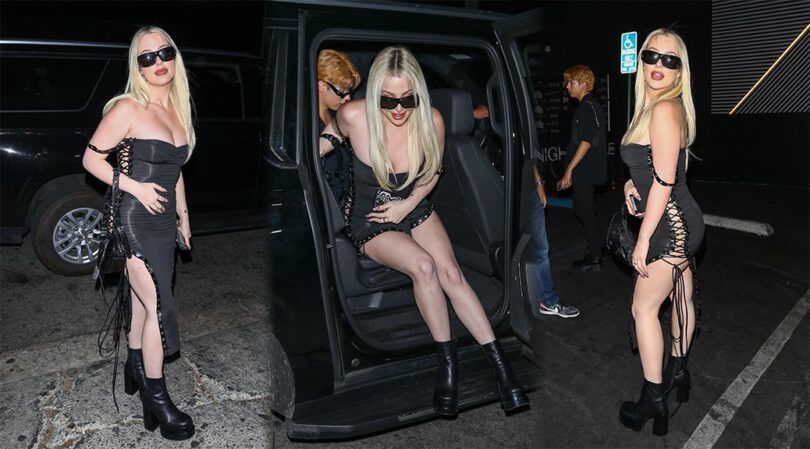 Tana Mongeau Braless and Pantyless in Sexy Dress at Nightingale Club in Los Angeles
