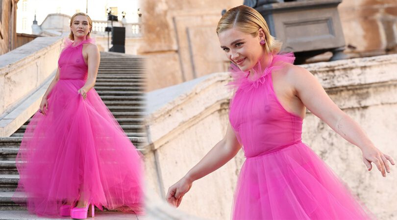 Florence Pugh Shows Boobs & Nipples in See-Through Dress at Valentino Fashion Show in Paris