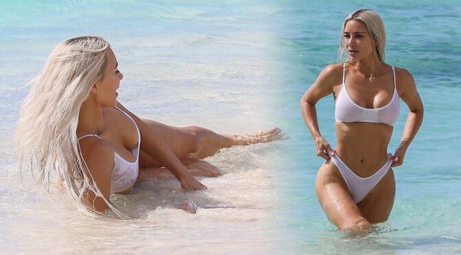 Kim Kardashian’s Big Boobs and Ass in Transparent Wet Bikini on a Beach in Turks and Caicos