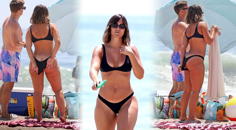 Frankie Bridge’s Beautiful Ass in Black Thong Bikini at the Beach in Santa Monica