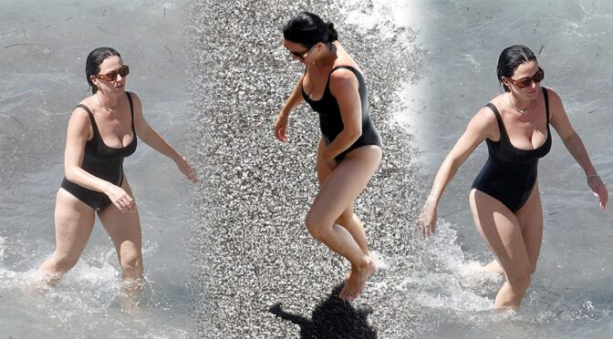 Katy Perry’s Big Boobs in Swimsuit at the Beach in Positano