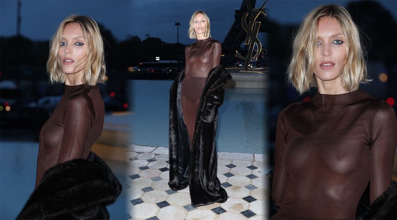 Anja Rubik Shows Boobs and Nipples in Sheer Top at Saint Laurent Womenswear Spring/Summer 2023  Fashion Show in Paris