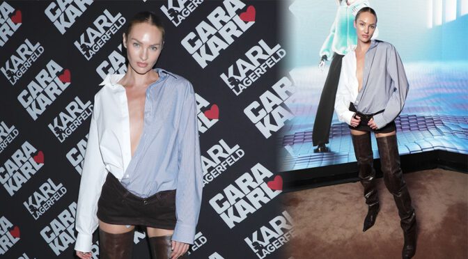 Candice Swanepoel Braless in Sexy Boots at Cara Loves Karl Capsule Collection in New York