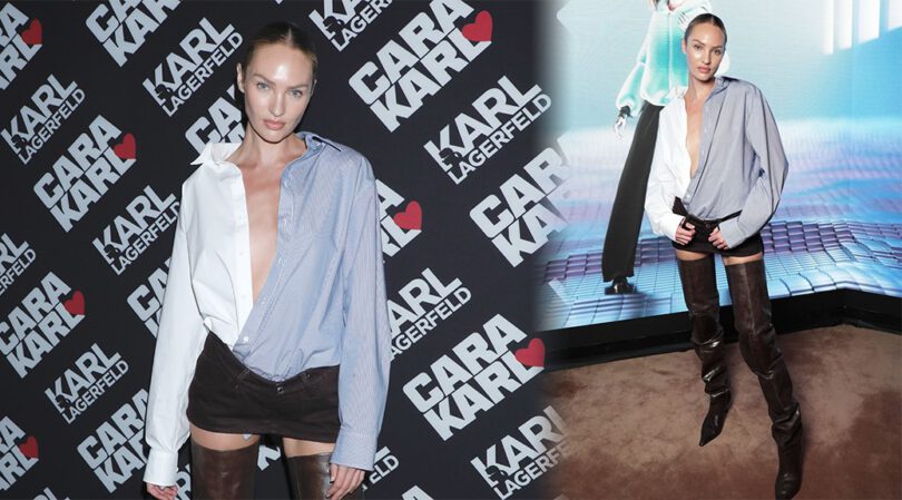 Candice Swanepoel Braless in Sexy Boots at Cara Loves Karl Capsule Collection in New York