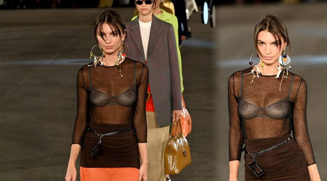 Emily Ratajkowski Shows Boobs and Nipples at Tory Burch Fashion Show in New York