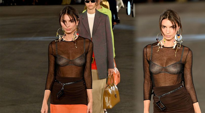 Emily Ratajkowski Shows Boobs and Nipples at Tory Burch Fashion Show in New York