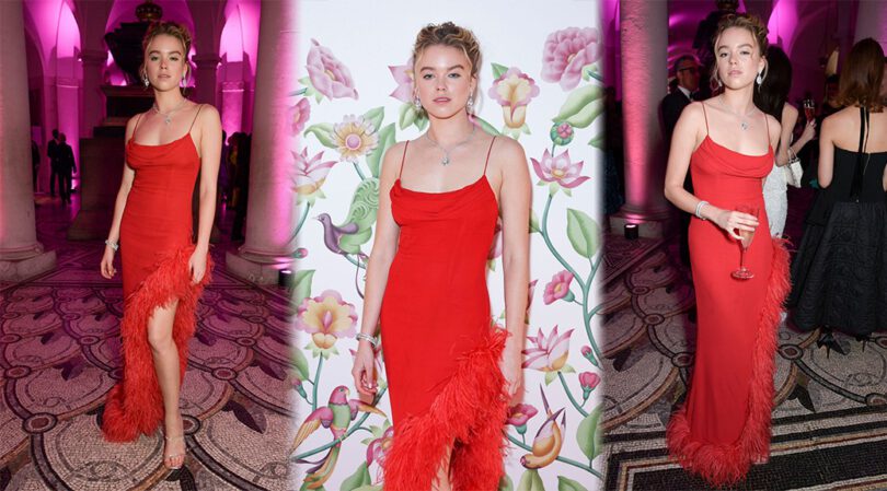 Milly Alcock Gorgeous in Sexy Red Dress at Bulgari High Jewelry Gala in London
