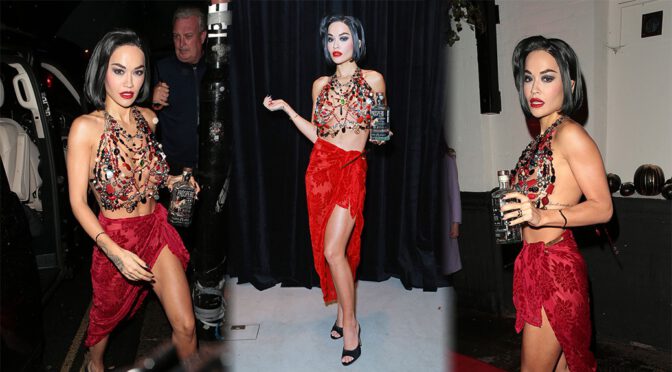 Rita Ora’s Braless Boobs and Sexy Legs at Jonathan Ross’s Halloween Party in London